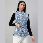 Women's Sleeveless Blue Floral Print Cotton Jackets - Image 5