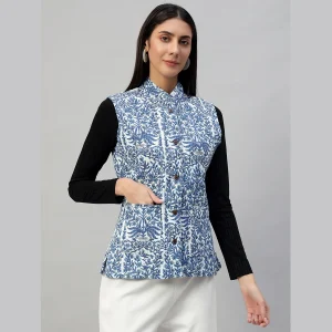 Women's Sleeveless Blue Floral Print Cotton Jackets - Image 5