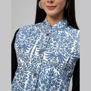Women's Sleeveless Blue Floral Print Cotton Jackets - Image 8
