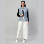 Women's Sleeveless Blue Floral Print Cotton Jackets - Image 9