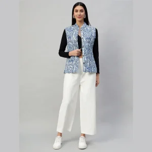Women's Sleeveless Blue Floral Print Cotton Jackets - Image 9