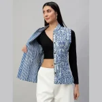 Women's Sleeveless Blue Floral Print Cotton Jackets