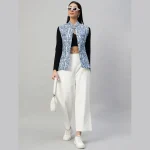 Women's Sleeveless Blue Floral Print Cotton Jackets - Image 2