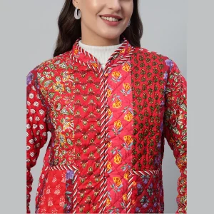 Beautiful Red Patchwork Quilted Cotton Jacket - Image 6