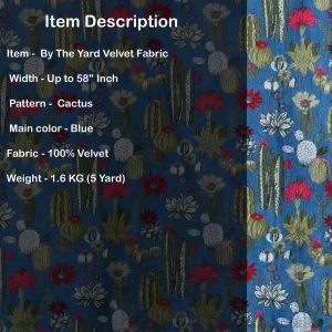 Home Furnishing Swing Blue Cactus Print Cotton Velvet Fabric - Image 5