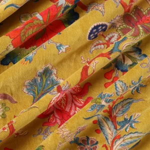 Yellow Floral Print Soft Velvet Fabric for Dress - Image 3