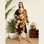 Beautiful Black Leaf Print Pure Cotton Kimono Robe - Image 3