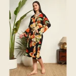 Beautiful Black Leaf Print Pure Cotton Kimono Robe - Image 4