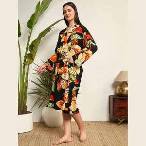 Beautiful Black Leaf Print Pure Cotton Kimono Robe - Image 4