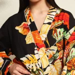 Beautiful Black Leaf Print Pure Cotton Kimono Robe - Image 7