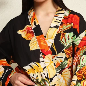 Beautiful Black Leaf Print Pure Cotton Kimono Robe - Image 7