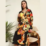 Beautiful Black Leaf Print Pure Cotton Kimono Robe