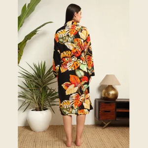 Beautiful Black Leaf Print Pure Cotton Kimono Robe - Image 9
