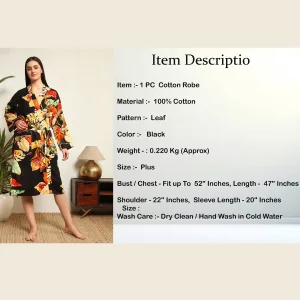 Beautiful Black Leaf Print Pure Cotton Kimono Robe - Image 10