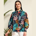 Beautiful Blue Leaf Print Women Cotton Shirts - Image 2