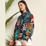 Beautiful Blue Leaf Print Women Cotton Shirts - Image 3
