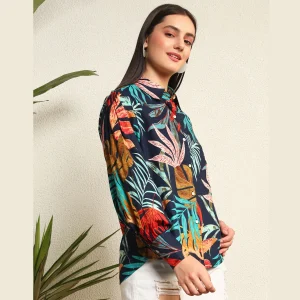 Beautiful Blue Leaf Print Women Cotton Shirts - Image 4