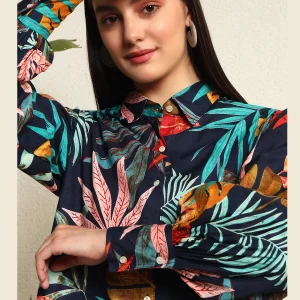 Beautiful Blue Leaf Print Women Cotton Shirts - Image 7