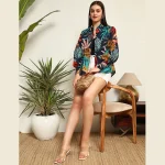 Beautiful Blue Leaf Print Women Cotton Shirts - Image 5