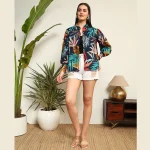 Beautiful Blue Leaf Print Women Cotton Shirts - Image 6