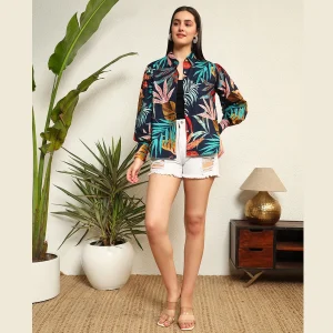 Beautiful Blue Leaf Print Women Cotton Shirts - Image 6