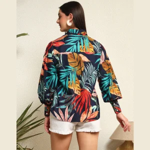 Beautiful Blue Leaf Print Women Cotton Shirts - Image 8