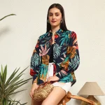 Beautiful Blue Leaf Print Women Cotton Shirts