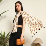 Tiger Printed Pure Cotton Scarf With Tassel Lace