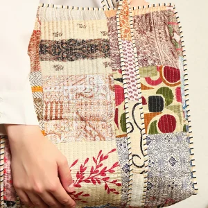 Beige Silk Fabric Patchwork Quilted Shoulder Bags Closure Zip Bags - Image 7