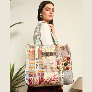 Beige Silk Fabric Patchwork Quilted Shoulder Bags Closure Zip Bags - Image 3