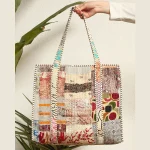 Beige Silk Fabric Patchwork Quilted Shoulder Bags Closure Zip Bags - Image 6