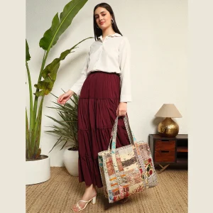 Beige Silk Fabric Patchwork Quilted Shoulder Bags Closure Zip Bags - Image 4