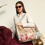Beige Silk Fabric Patchwork Quilted Shoulder Bags Closure Zip Bags