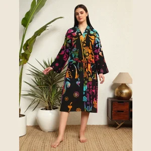 Black Mandala Printed Women Bath Robe Dress - Image 3