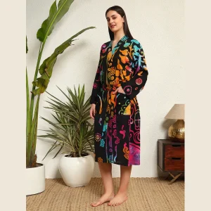 Black Mandala Printed Women Bath Robe Dress - Image 4
