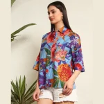 Blue Floral Print Oversized Casual Wear Shirt For Women's - Image 3