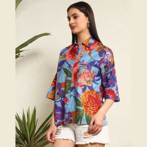 Blue Floral Print Oversized Casual Wear Shirt For Women's - Image 3