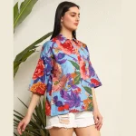Blue Floral Print Oversized Casual Wear Shirt For Women's - Image 4