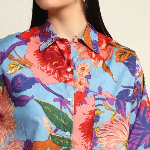 Blue Floral Print Oversized Casual Wear Shirt For Women's - Image 8