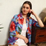 Blue Floral Print Oversized Casual Wear Shirt For Women's