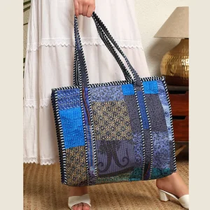 Blue Silk Patchwork Fabric Design Quilted Shoulder Bags - Image 4