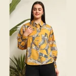 Cat Print Button Down T-Shirt Mustard Yellow - Image 2