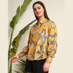 Cat Print Button Down T-Shirt Mustard Yellow - Image 3