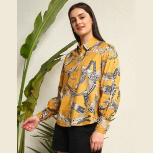 Cat Print Button Down T-Shirt Mustard Yellow - Image 3