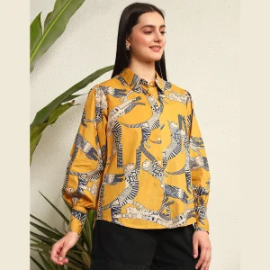 Cat Print Button Down T-Shirt Mustard Yellow - Image 4