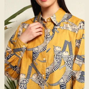 Cat Print Button Down T-Shirt Mustard Yellow - Image 8