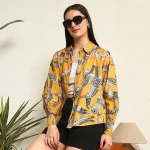 Cat Print Button Down T-Shirt Mustard Yellow