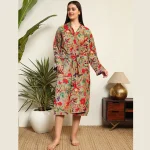 Green Floral Print Velvet Fabric Bath Robe For Women Gift - Image 2