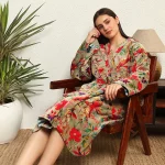 Green Floral Print Velvet Fabric Bath Robe For Women Gift