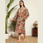 Green Floral Print Velvet Fabric Bath Robe For Women Gift - Image 3